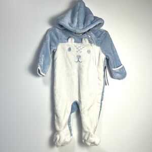 Plush, Hooded One Piece Blue and White with embroidered Bear Face  3-6 mo